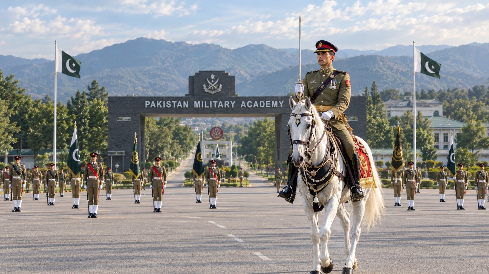 PMA 159 Long Course cadets in formation with a ceremonial Pakistan Army officer on a white horse examchamber